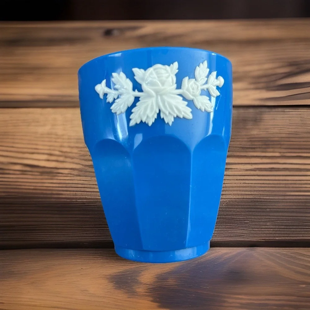1950s Schwartz Bros Blue Plastic Vanity Set Lotion Powder Cup Tissue Box Vintage